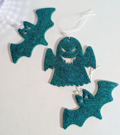 Peacock Green Glitter Bat & Ghost Christmas Ornaments: Gothic Xmas Tree Set