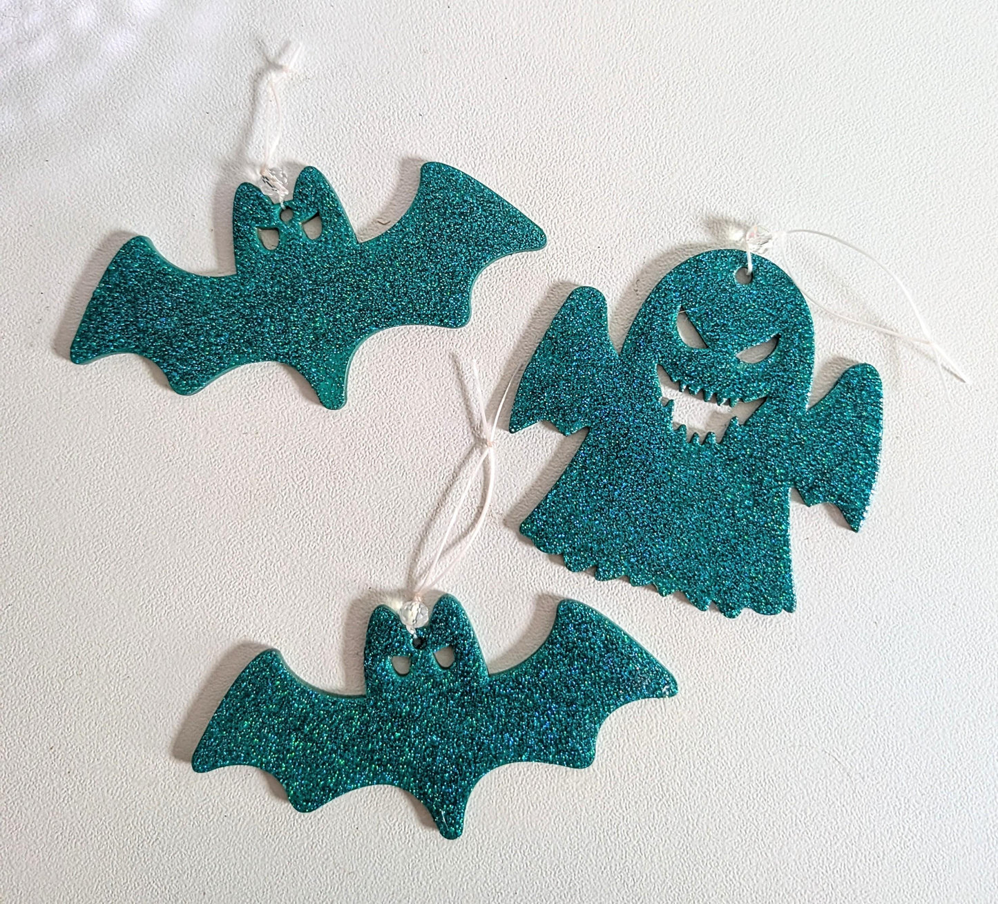 Peacock Green Glitter Bat & Ghost Christmas Ornaments: Gothic Xmas Tree Set