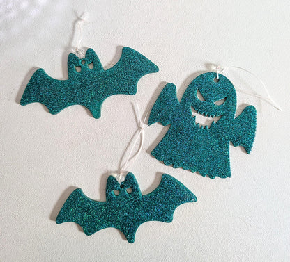 Peacock Green Glitter Bat & Ghost Christmas Ornaments: Gothic Xmas Tree Set