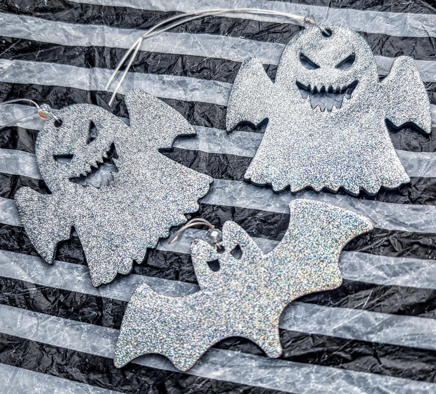 Holographic Glitter Spooky Christmas Ornaments: Ghost & Bat Set