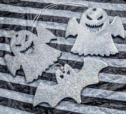 Holographic Glitter Spooky Christmas Ornaments: Ghost & Bat Set