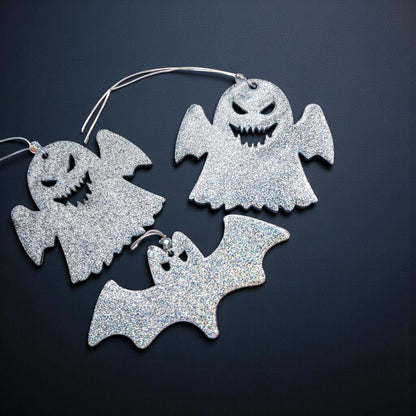 Holographic Glitter Spooky Christmas Ornaments: Ghost & Bat Set