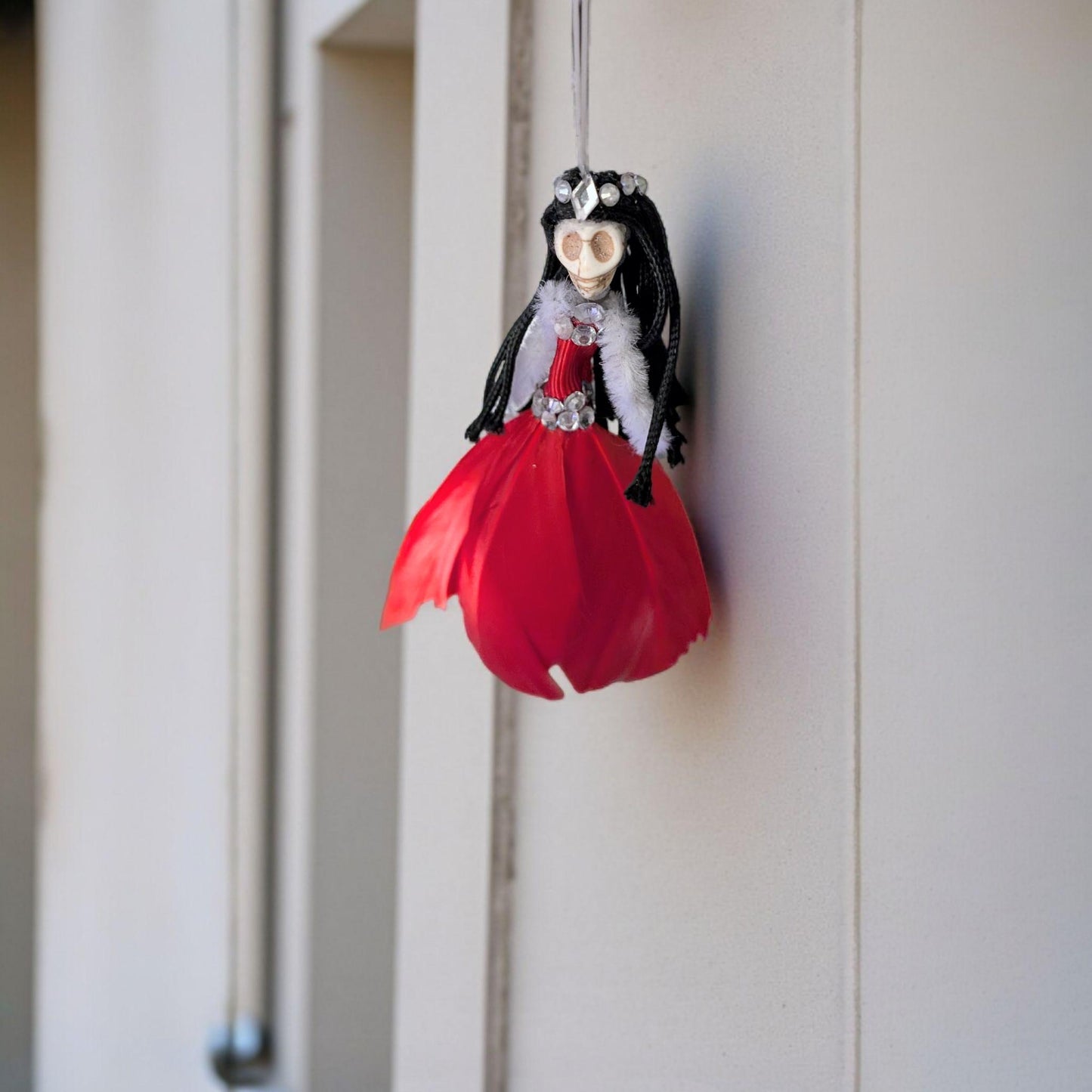 Handmade Gothic Skull Fairy Christmas Ornament, Red Feather Decor