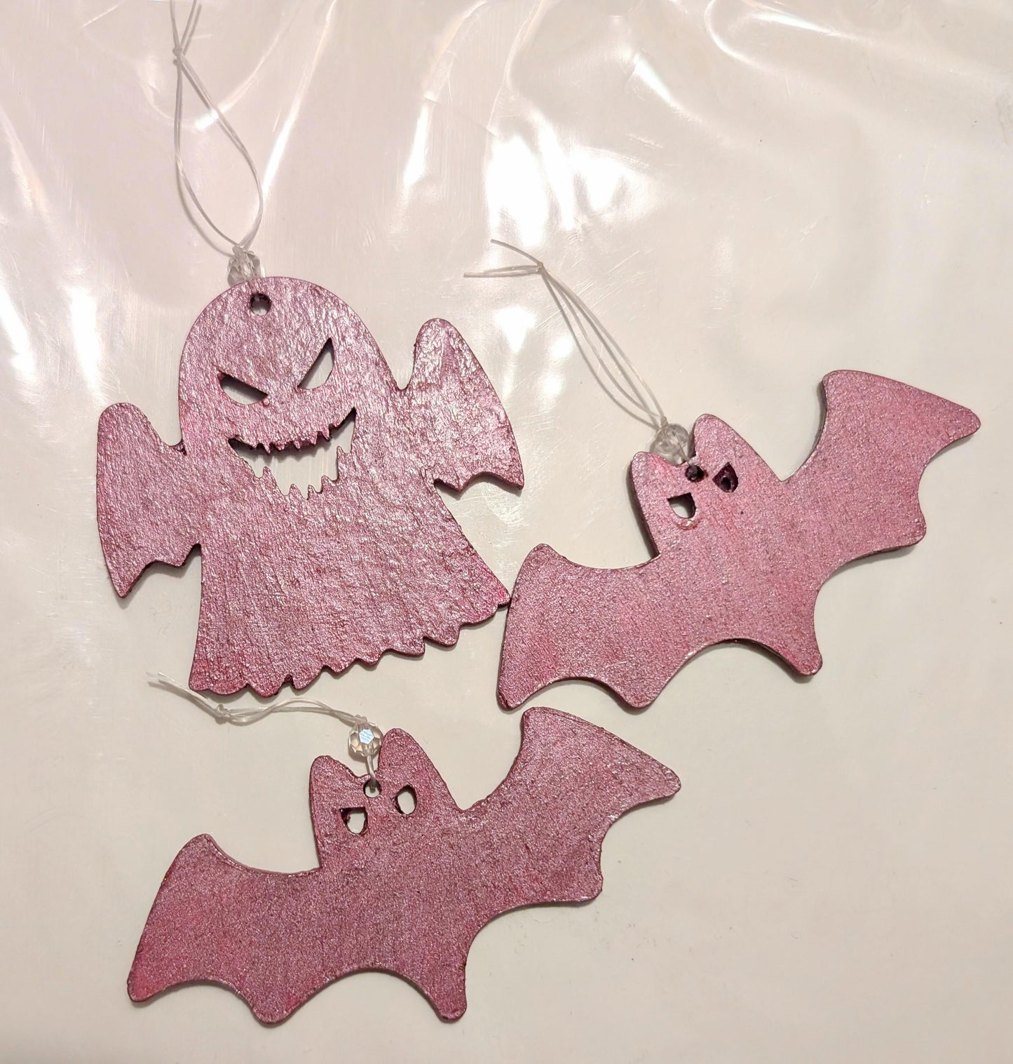 Pink Glitter Spooky Bats & Ghost Christmas Ornaments, Set of 3