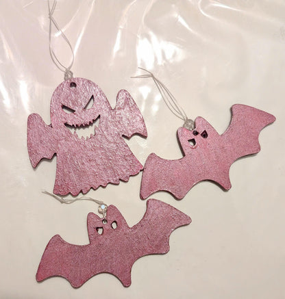 Pink Glitter Spooky Bats & Ghost Christmas Ornaments, Set of 3