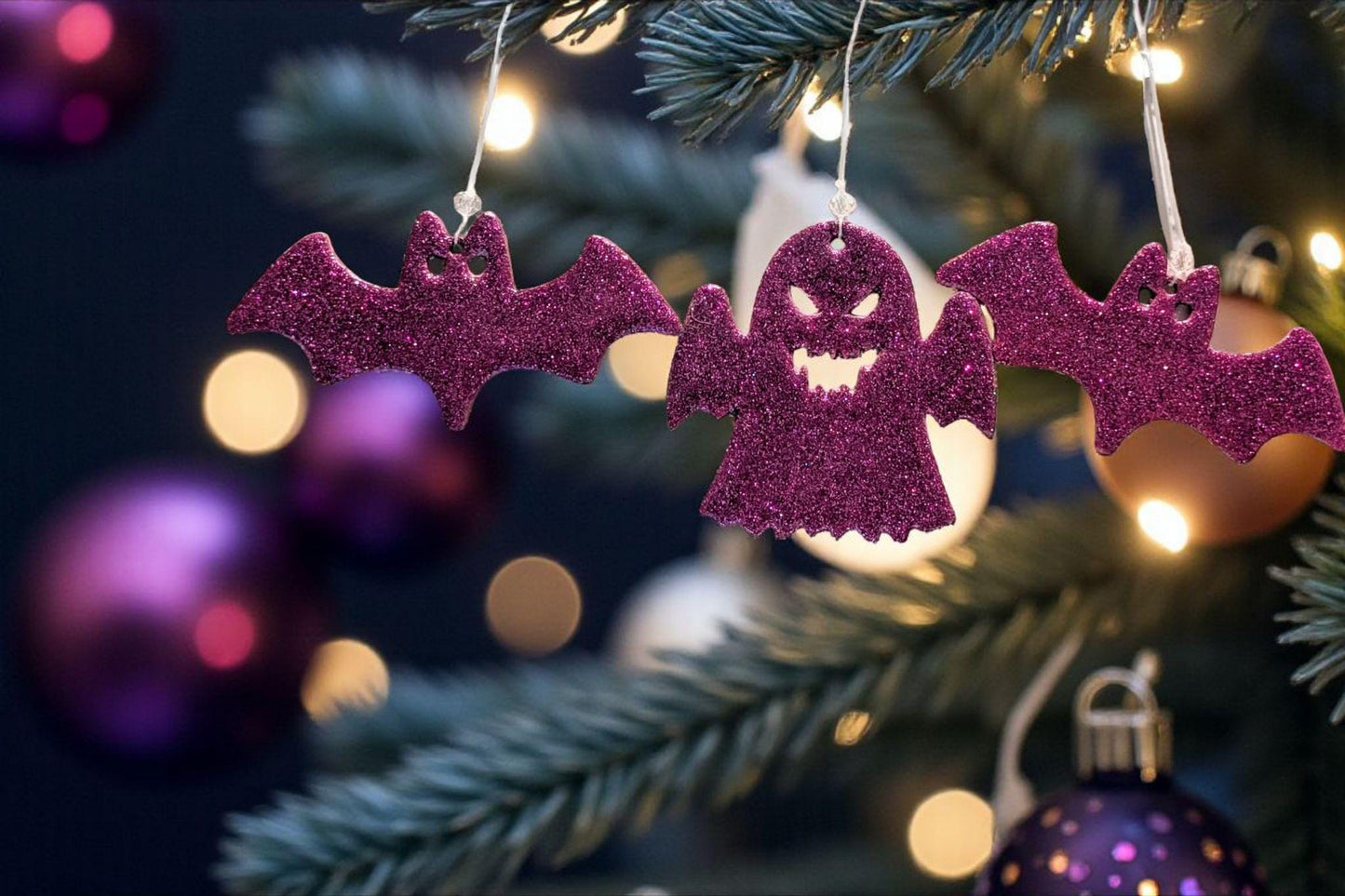Pink Glitter Spooky Bats & Ghost Christmas Ornaments, Set of 3
