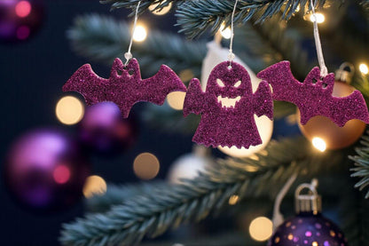 Pink Glitter Spooky Bats & Ghost Christmas Ornaments, Set of 3