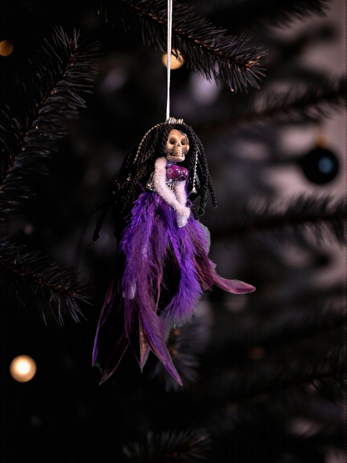 Handmade Gothic Skull Christmas Ornament - Purple Feather Creepy Doll