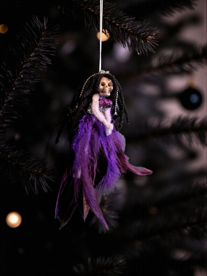 Handmade Gothic Skull Christmas Ornament - Purple Feather Creepy Doll