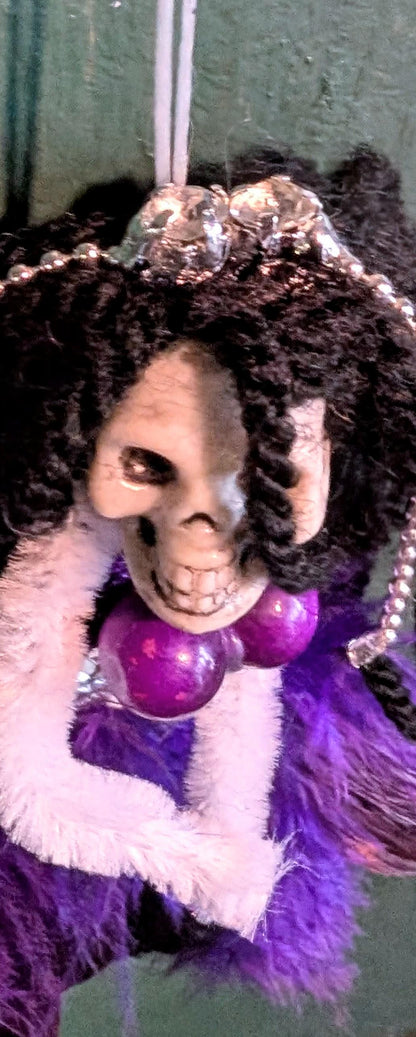 Handmade Gothic Skull Christmas Ornament - Purple Feather Creepy Doll