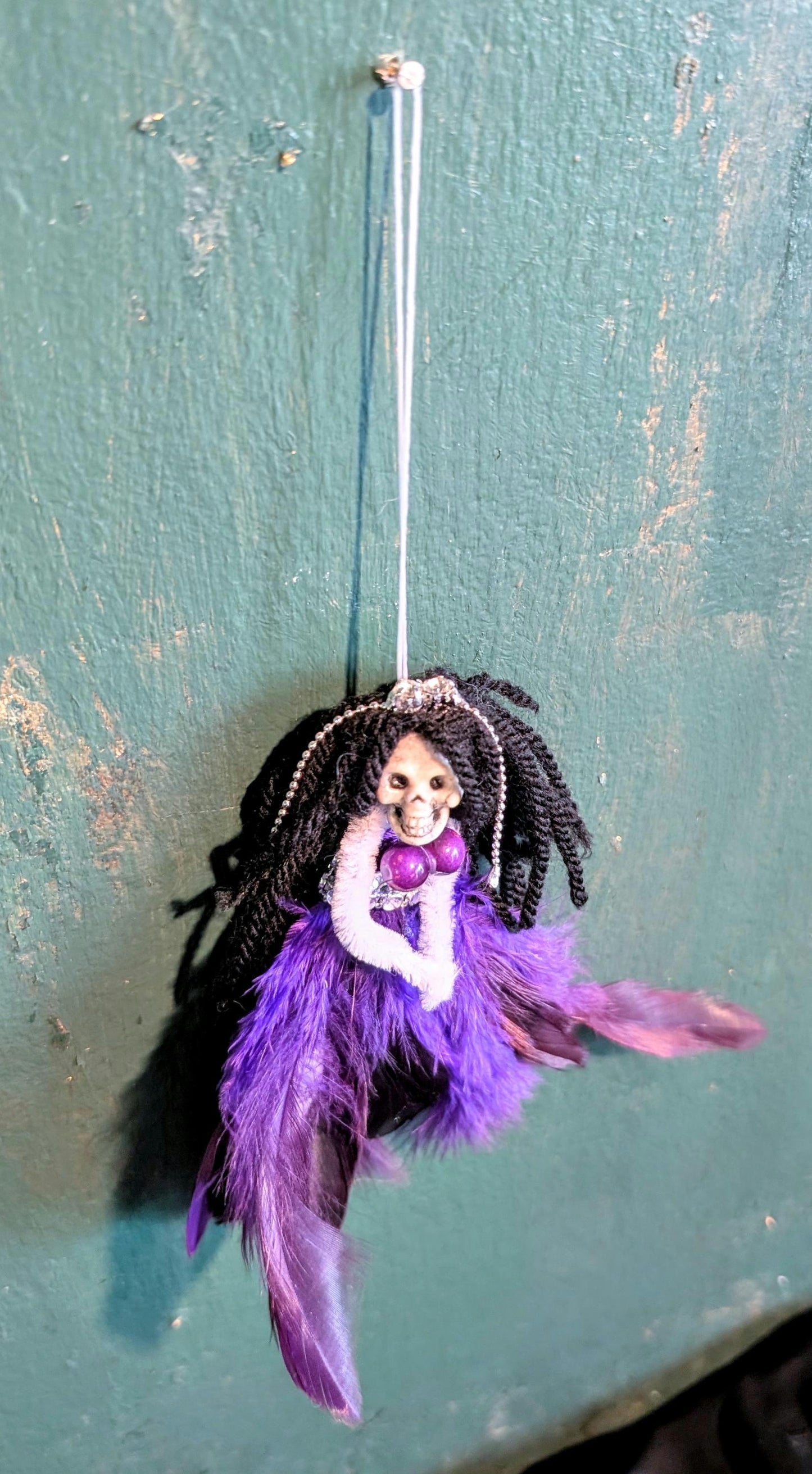 Handmade Gothic Skull Christmas Ornament - Purple Feather Creepy Doll