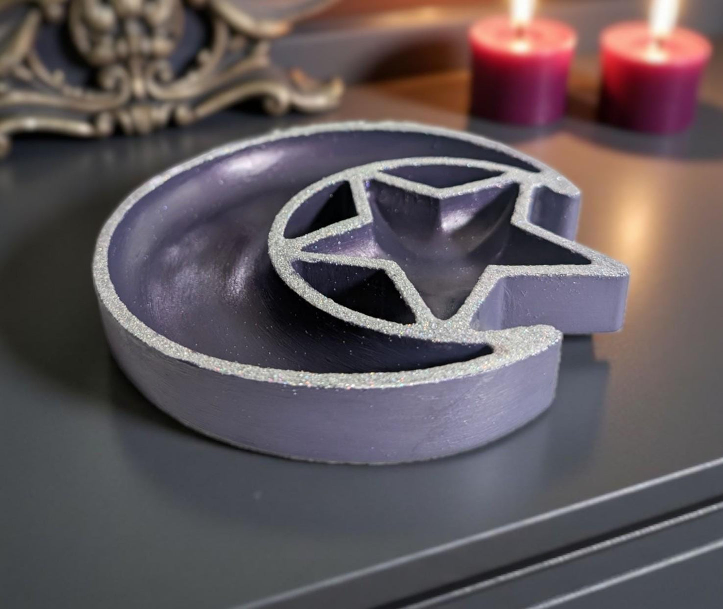 Hand Cast Purple Crescent Moon Star Ring Dish, Celestial Decor