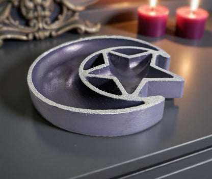 Hand Cast Purple Crescent Moon Star Ring Dish, Celestial Decor