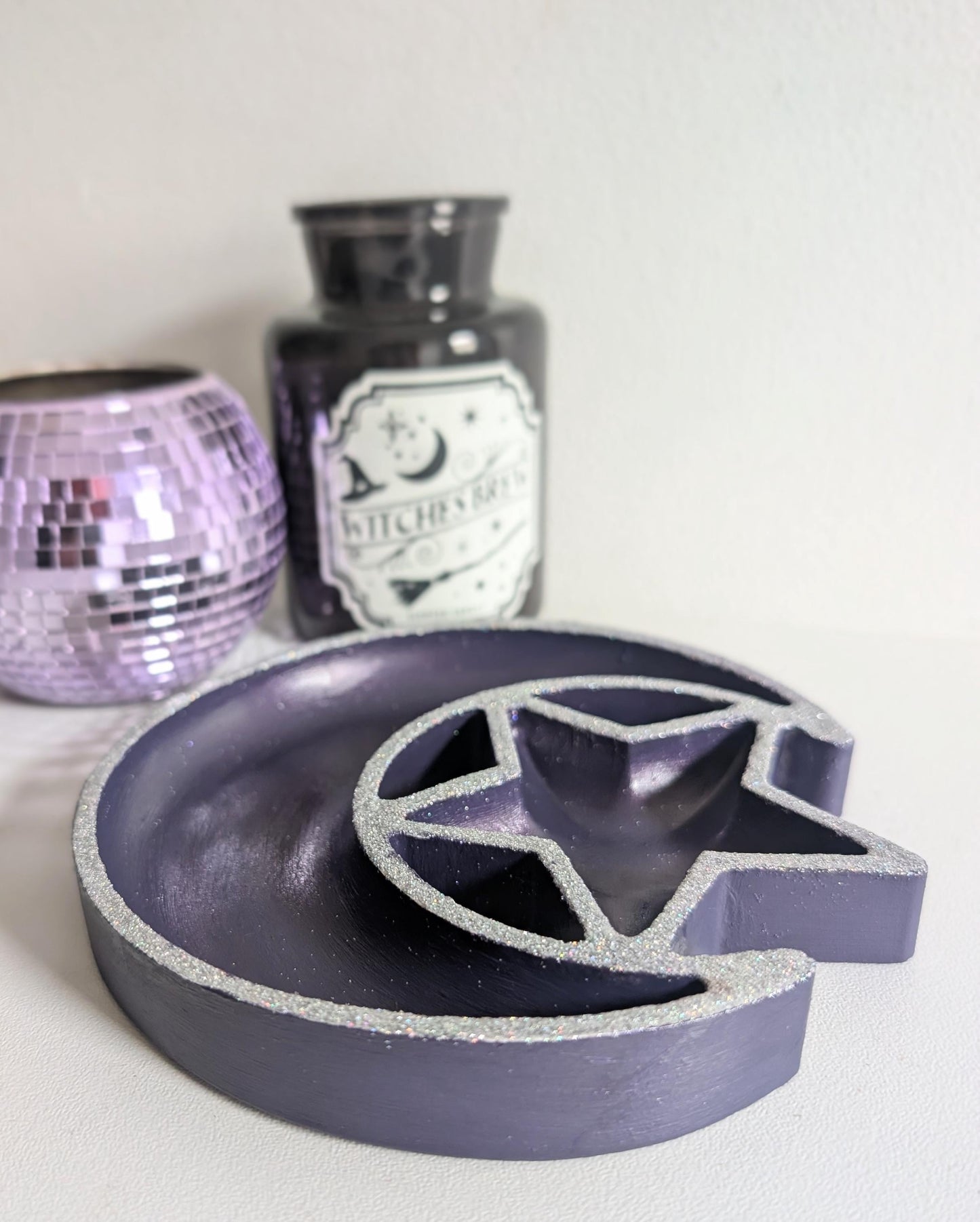 Hand Cast Purple Crescent Moon Star Ring Dish, Celestial Decor