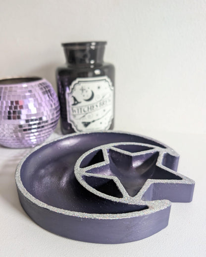 Hand Cast Purple Crescent Moon Star Ring Dish, Celestial Decor