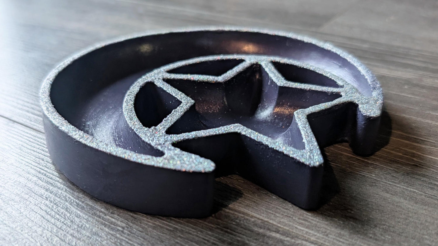 Hand Cast Purple Crescent Moon Star Ring Dish, Celestial Decor
