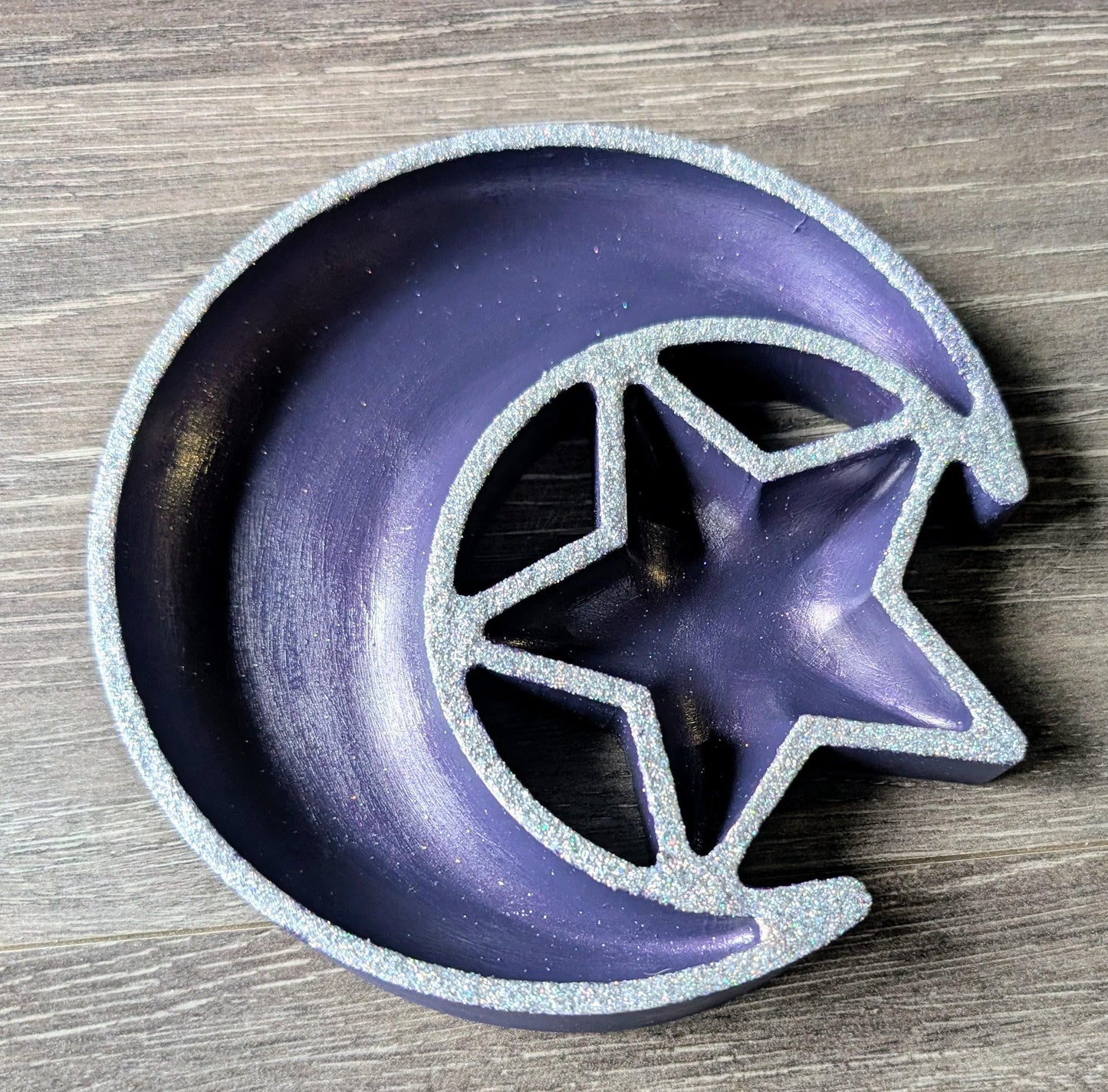 Hand Cast Purple Crescent Moon Star Ring Dish, Celestial Decor