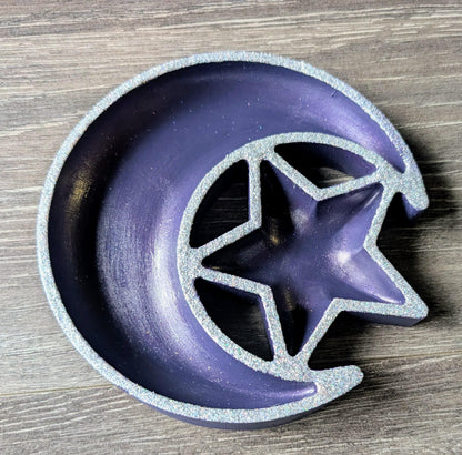 Hand Cast Purple Crescent Moon Star Ring Dish, Celestial Decor