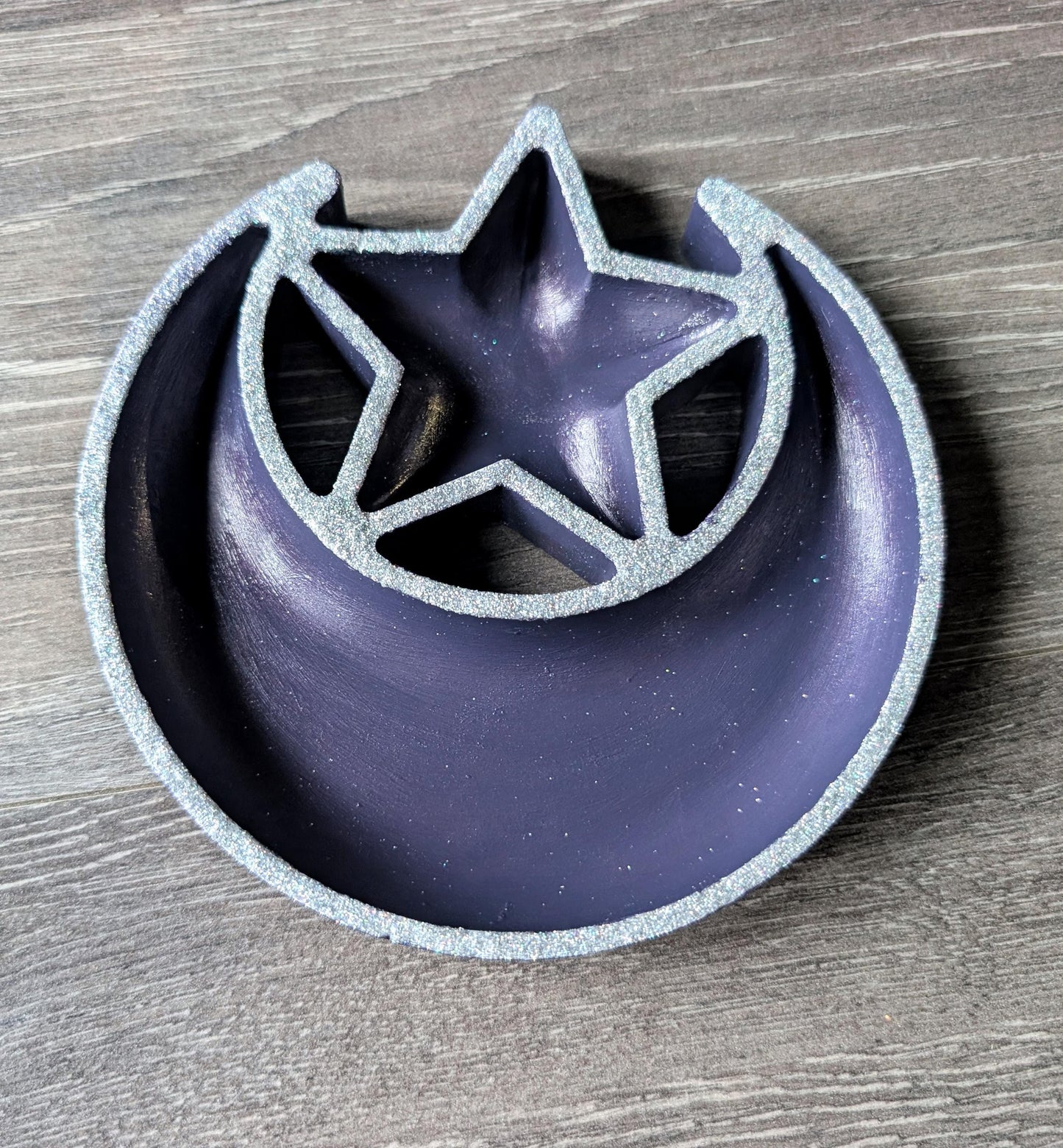 Hand Cast Purple Crescent Moon Star Ring Dish, Celestial Decor