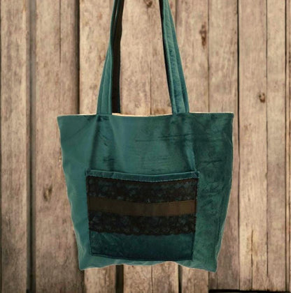 Handmade Green Velvet & Black Lace OOAK Tote Bag Shopper Shoulder Handbag Fully Lined Goth Funky Travel Festival Gift BG36