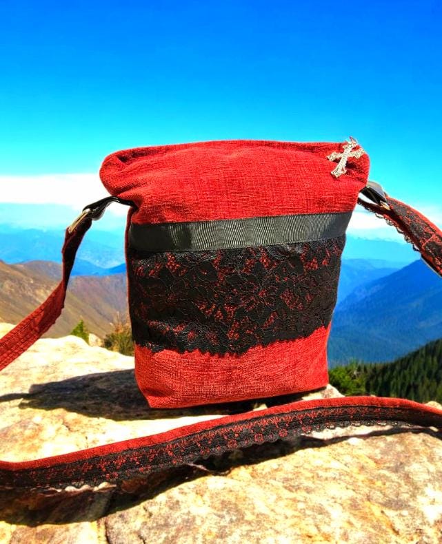 Handmade Red Burgundy Velvet Black Lace Shoulder Crossbody Bag Fully Lined Goth Funky Holiday Travel Festival OOAK Gift BG37