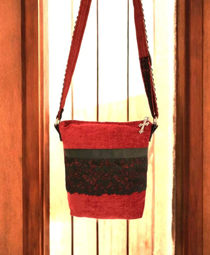 Handmade Red Burgundy Velvet Black Lace Shoulder Crossbody Bag Fully Lined Goth Funky Holiday Travel Festival OOAK Gift BG37