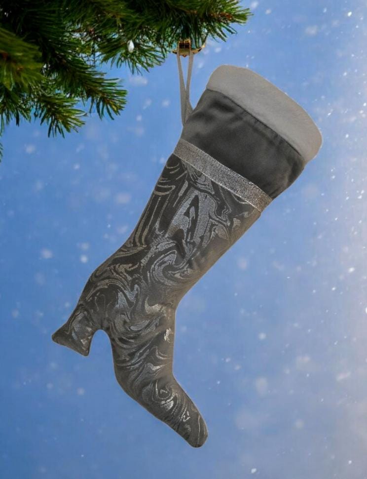 Stiletto Boot Christmas Stocking: Silver Velvet, White Fur Top