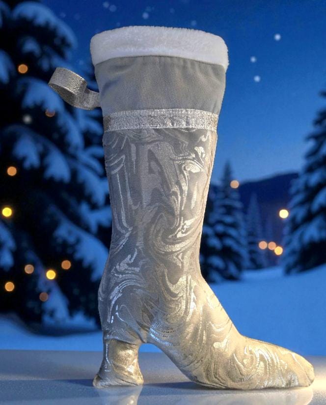 Stiletto Boot Christmas Stocking: Silver Velvet, White Fur Top
