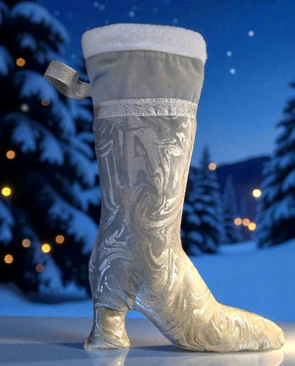 Stiletto Boot Christmas Stocking: Silver Velvet, White Fur Top