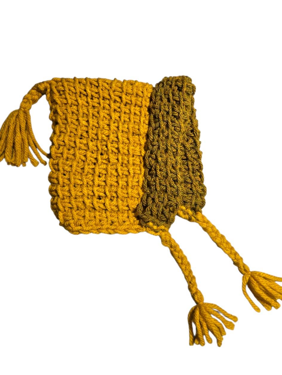 Handmade Crochet Bonnet Woodland Hat Pixie Mustard Yellow Green Adult Emo Goth Whimsy Elf Fairy Forage Winter Gift HT38