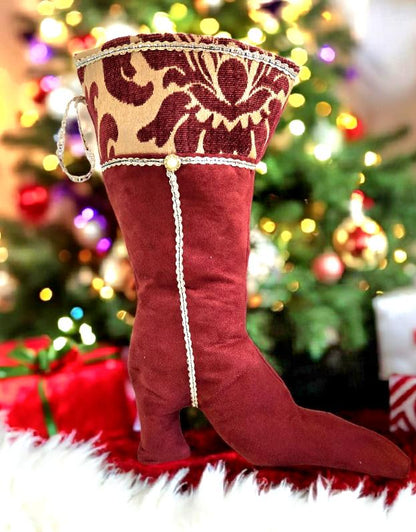 Christmas Stocking Stiletto High Heel Boot Xmas Burgundy Red Velvet & Gold Brocade Braid Happy Holidays Decor Gift SK1