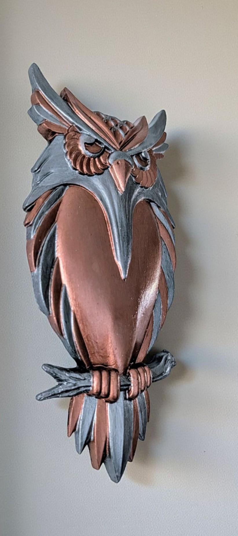 Hand cast + painted industrial style wise old steampunk Owl hanging wall plaque Gold + silver forest woodland creature home decor gift bird