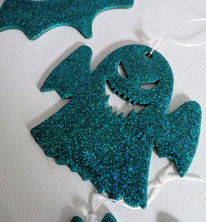 Peacock Green Glitter Bat & Ghost Christmas Ornaments: Gothic Xmas Tree Set
