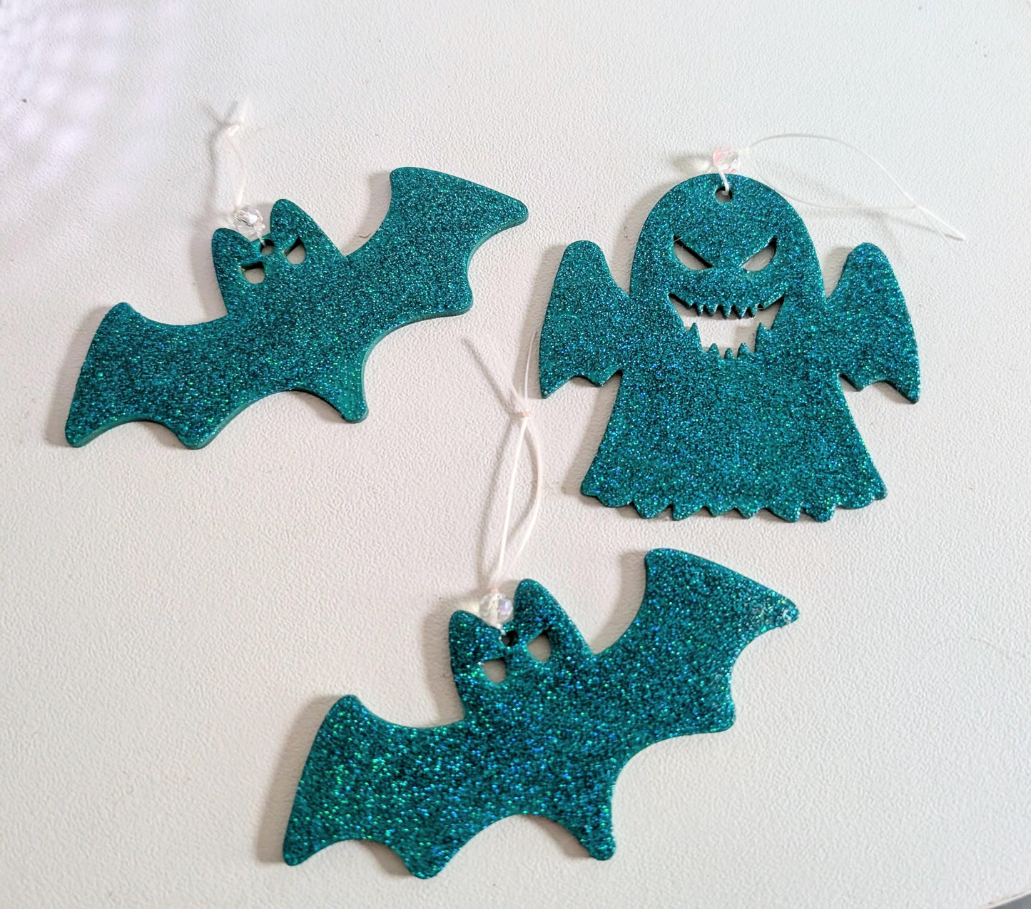 Peacock Green Glitter Bat & Ghost Christmas Ornaments: Gothic Xmas Tree Set