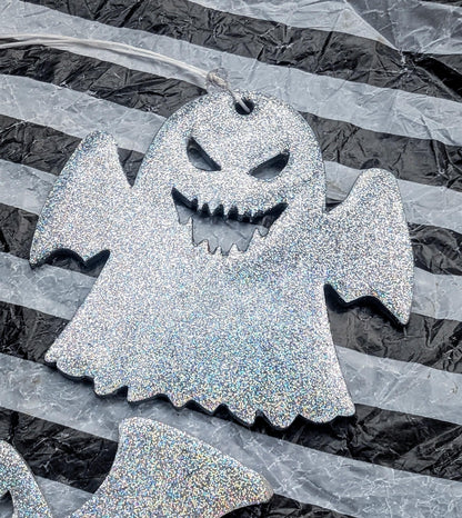 Holographic Glitter Spooky Christmas Ornaments: Ghost & Bat Set