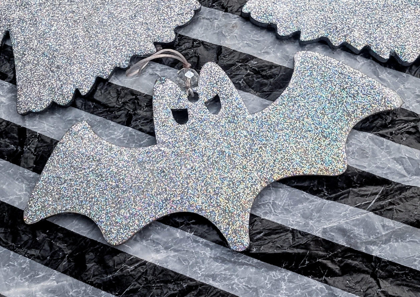 Holographic Glitter Spooky Christmas Ornaments: Ghost & Bat Set