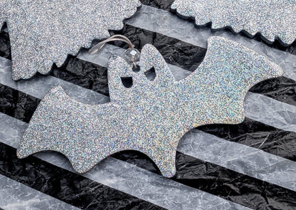 Holographic Glitter Spooky Christmas Ornaments: Ghost & Bat Set