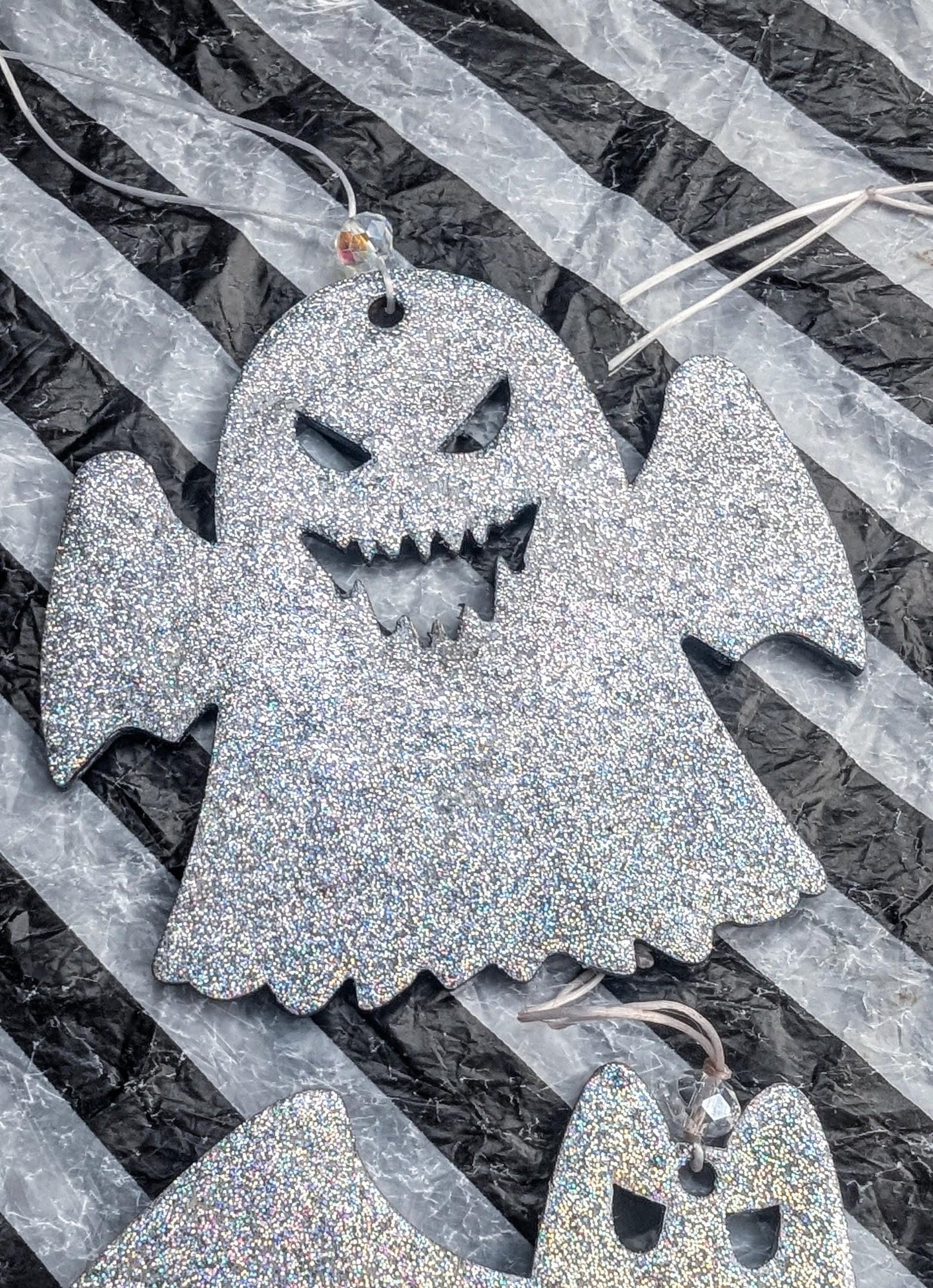 Holographic Glitter Spooky Christmas Ornaments: Ghost & Bat Set