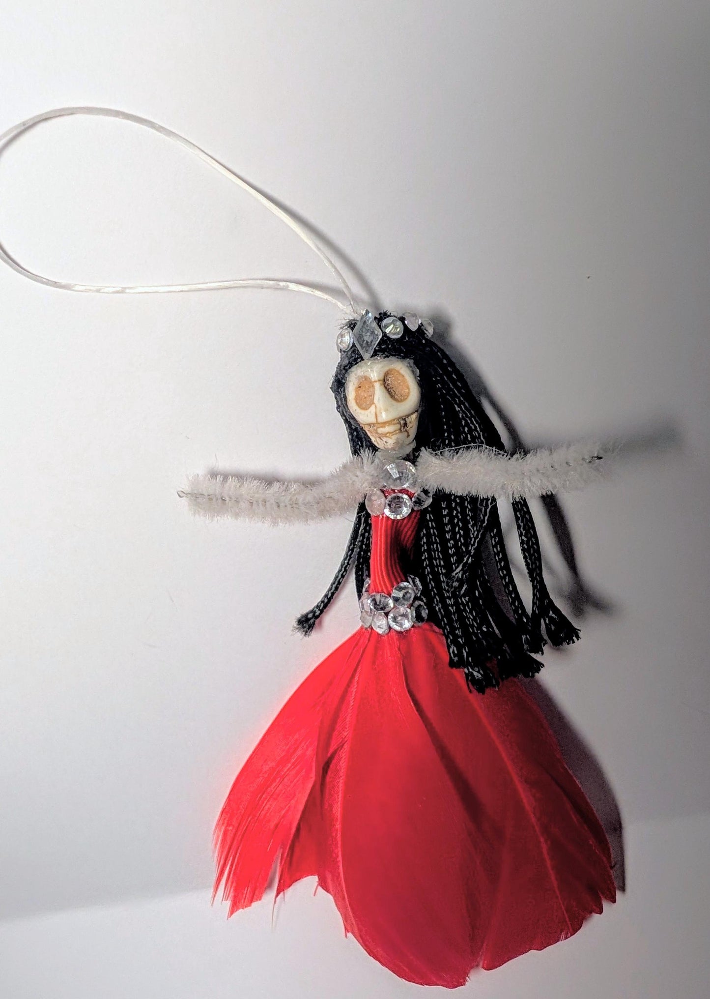 Handmade Gothic Skull Fairy Christmas Ornament, Red Feather Decor
