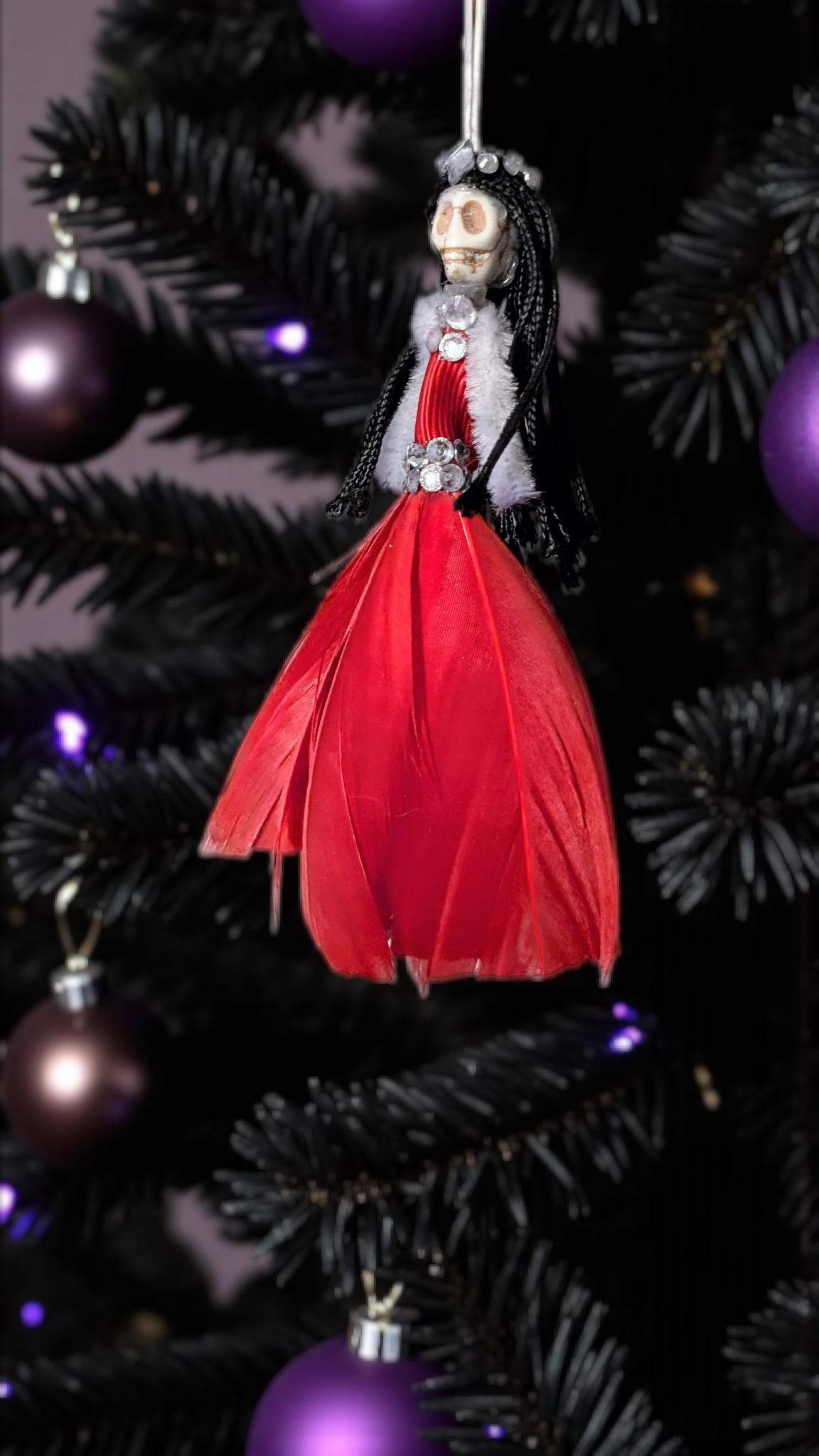 Handmade Gothic Skull Fairy Christmas Ornament, Red Feather Decor