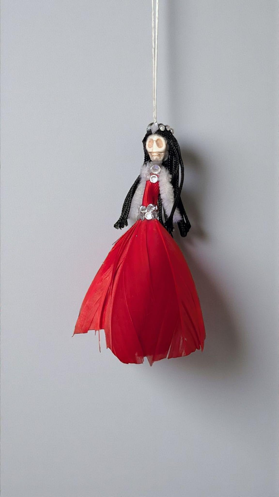 Handmade Gothic Skull Fairy Christmas Ornament, Red Feather Decor