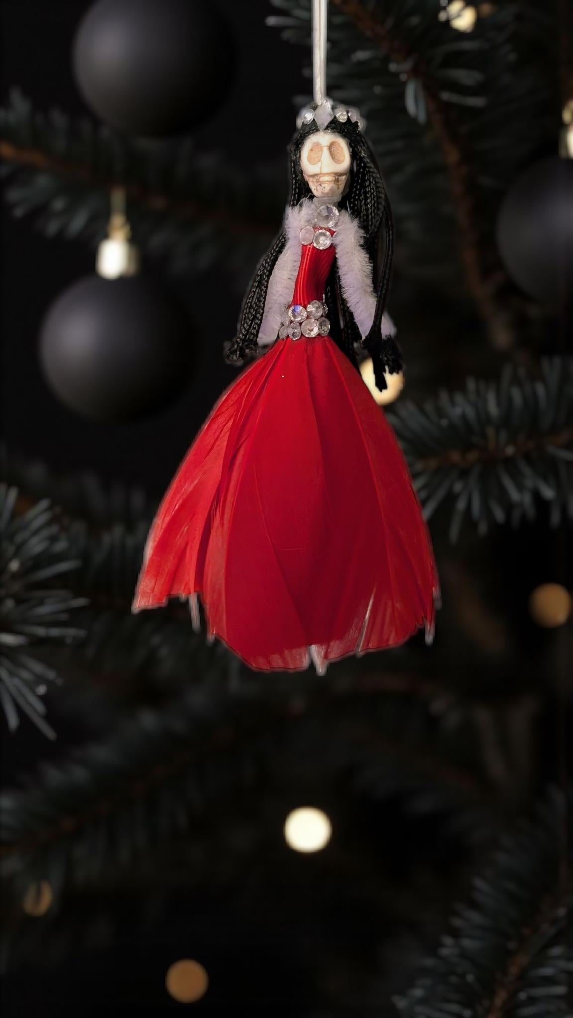 Handmade Gothic Skull Fairy Christmas Ornament, Red Feather Decor
