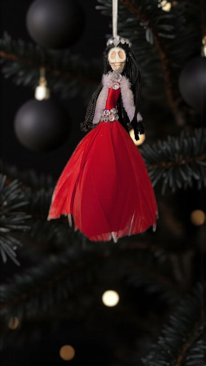 Handmade Gothic Skull Fairy Christmas Ornament, Red Feather Decor