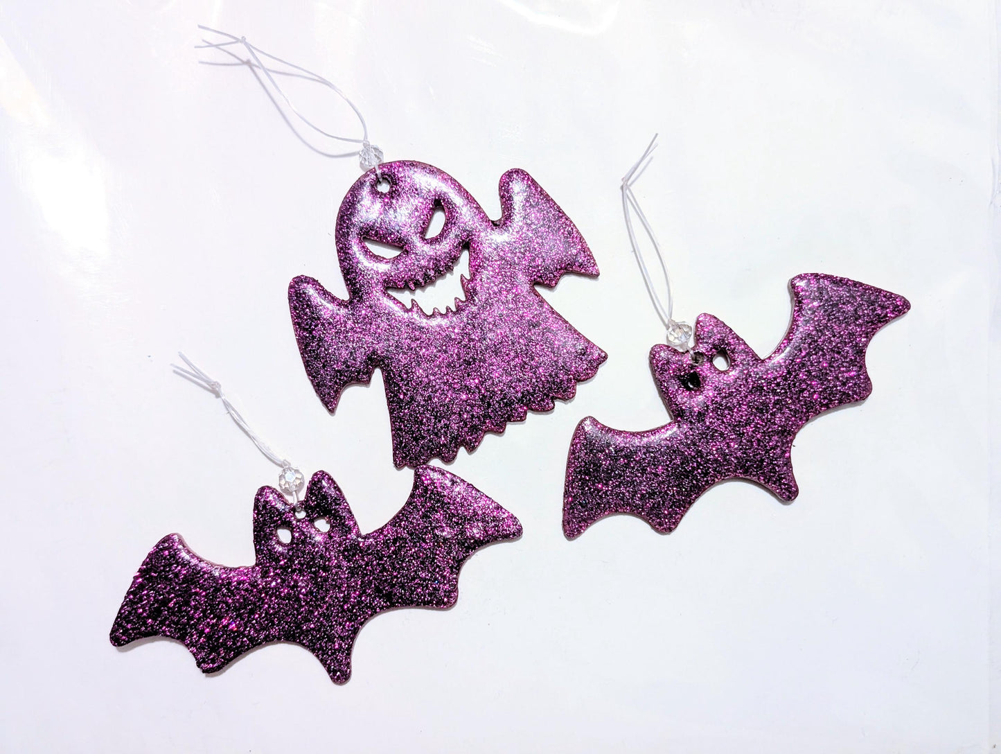 Pink Glitter Spooky Bats & Ghost Christmas Ornaments, Set of 3