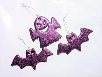 Pink Glitter Spooky Bats & Ghost Christmas Ornaments, Set of 3