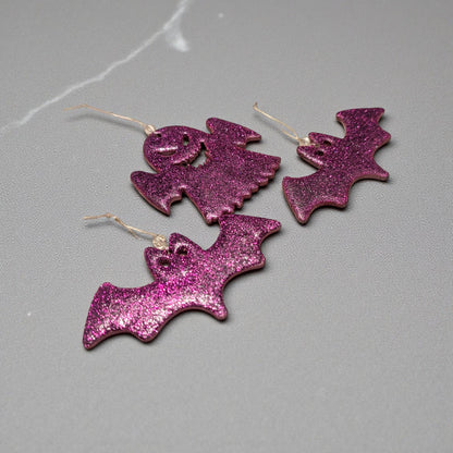 Pink Glitter Spooky Bats & Ghost Christmas Ornaments, Set of 3