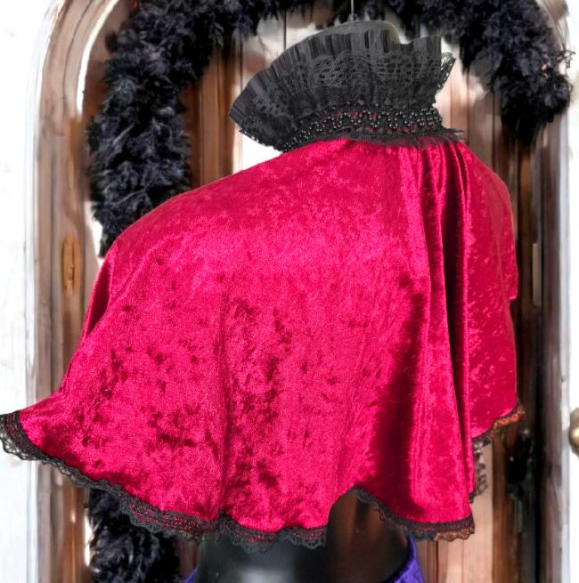 Red Velvet Victorian Cape Capelet Steampunk Wedding Whitby Regency Circular Black Lace Gothic Theatre Costume Fancy Dress CP51