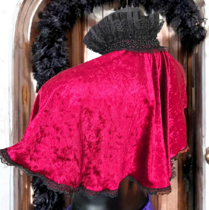 Red Velvet Victorian Cape Capelet Steampunk Wedding Whitby Regency Circular Black Lace Gothic Theatre Costume Fancy Dress CP51