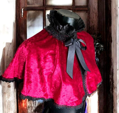 Red Velvet Victorian Cape Capelet Steampunk Wedding Whitby Regency Circular Black Lace Gothic Theatre Costume Fancy Dress CP51