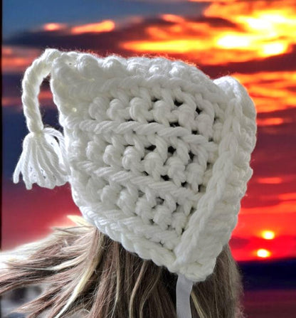 Handmade Chunky Crochet Pixie Bonnet: Woodland Tassel Hat, Adult/Teen